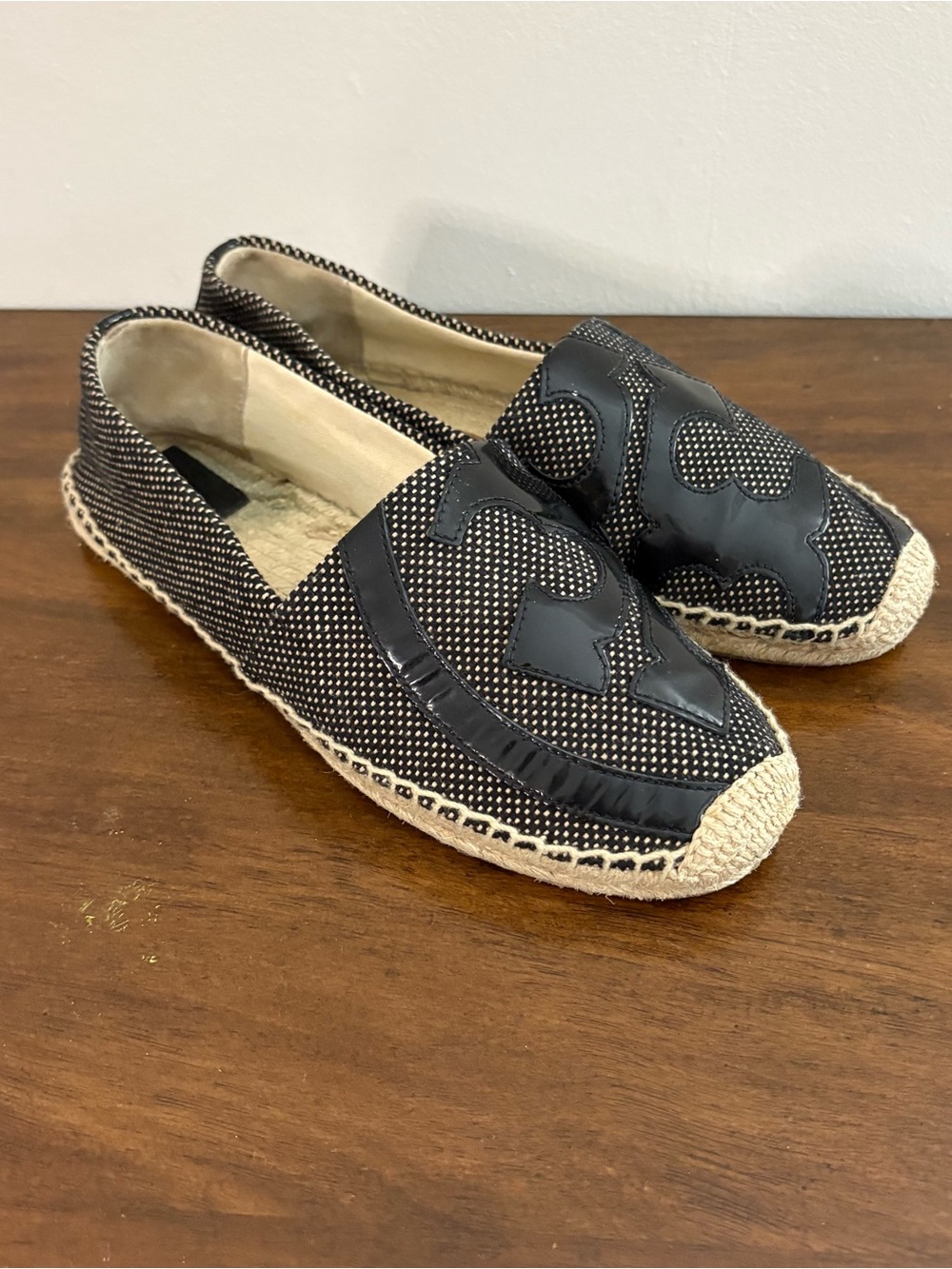 Tory Burch Lonnie Logo Woven Leather Double-T Logo Espadrille Flat Black US 9